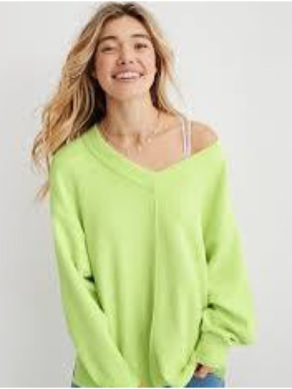 aerie Wonder Textured V-Neck Sweatshirt Oversized Green Glow
